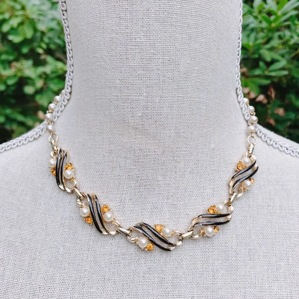 Vintage 50s Gold Tone Black Enamel Faux Pearl Rhinestone Link Choker Necklace